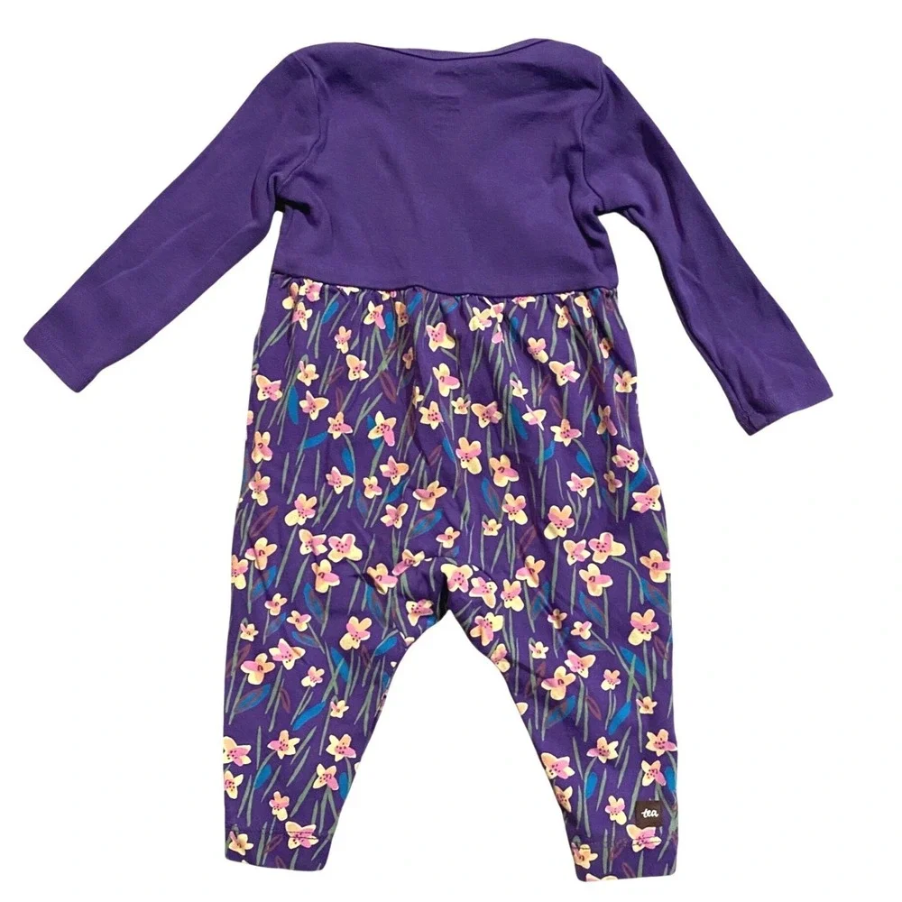 EUC TEA Collection Floral Romper Girls 3-6 Months Purple Long Sleeve Cotton Boho - Picture 2 of 7